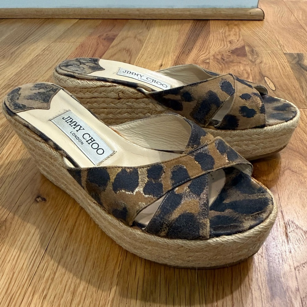 Jimmy Choo Dovina Leopard Suede Espadrille Platform Wedge Slides Sandals Size 36